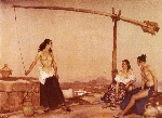sir william russell flint, dispute at the well, watercolour painting