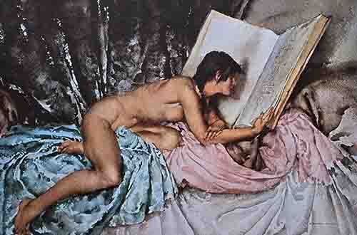 russell flint, Janelle and the volume of treasures, print russell flint, Janelle and the volume of treasures, print