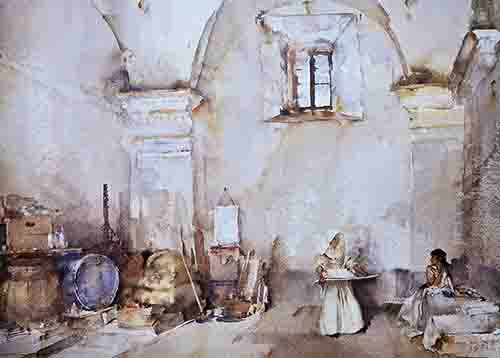 sir william russell flint, little sewing girl Sospel limited print russell flint, little sewing girl Sospel, limited edition print