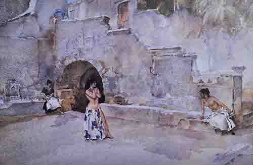 russell flint, models in an italian courtyard, limited edition, print russell flint models in an italian courtyard,print