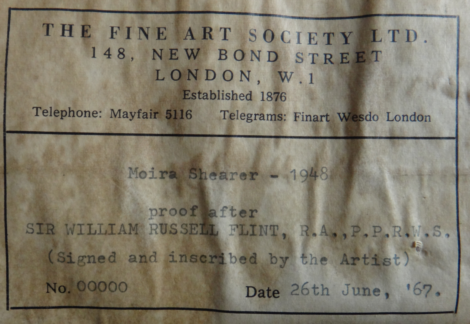 signed  print, moira shearer, sir william russell flint, label