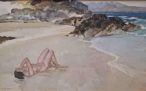russell flint,Nude on a beach russell flint, Nude on a beacha