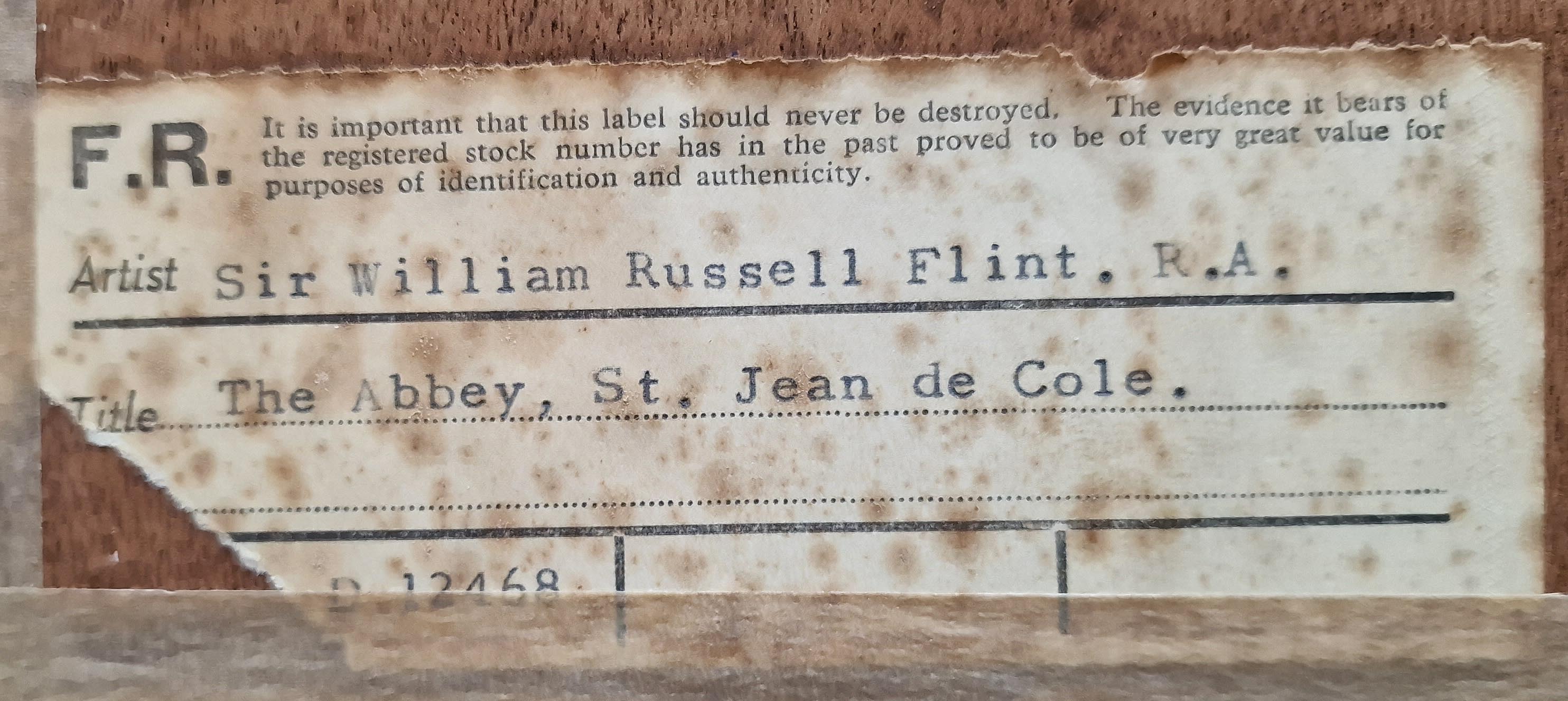 original watercolour, label, The Abbey, St. Jean de Cole , sir william russell flint