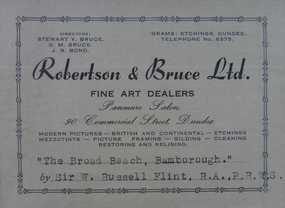russell flint watercolour, broad  beach bamburgh label