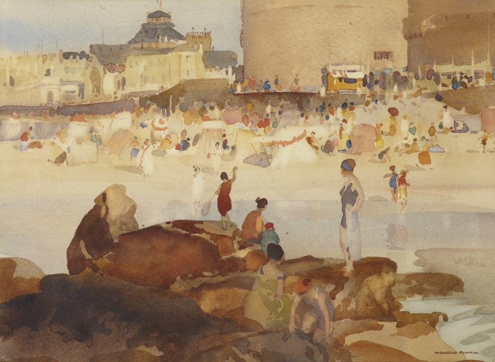 russell flint watercolour, crowded beach