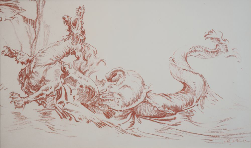 russell flint, original, red chalk, drawing, Dragon of Versailles, France
