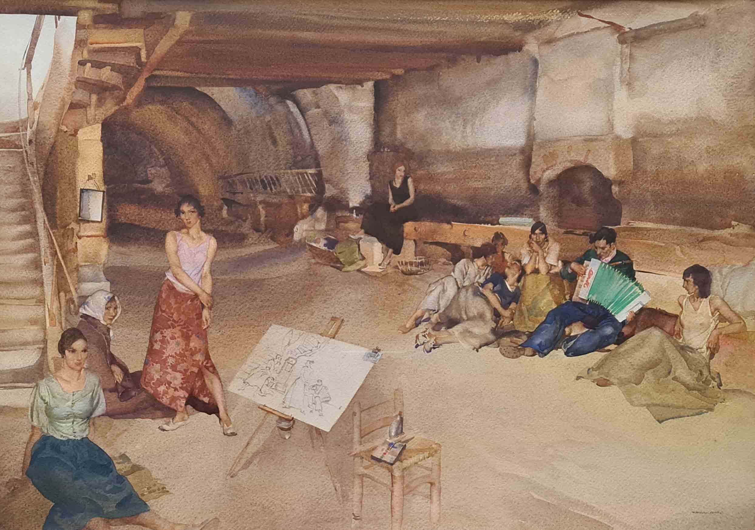 russell flint, original, paintings, Dwellers on the ground floor, France Dwellers on the ground floor, France