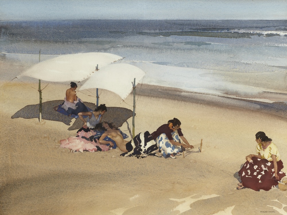 russell flint watercolour, gypsies on the beach, Zarauz