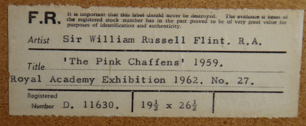 russell flint original painting, pink wash, vaunaveys, label