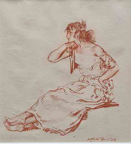 russell flint, Rosalinda, original, seated-figure, red chalk drawing Rosalinda, original, seated-figure, red chalk drawing