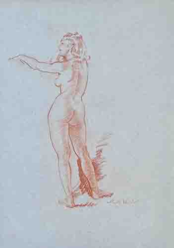 russell flint, standing nude, originals red chalk drawing standing nude, originals red chalk drawing