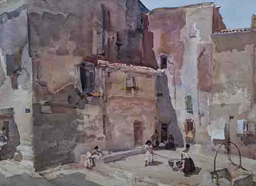 Sunlit Square Languedoc original watercolour painting