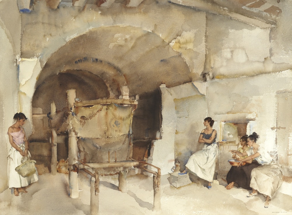 russell flint watercolour, three against one