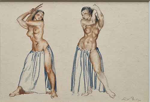 russell flint, Two Figures, original, nude red chalk drawing original, Two Figures, red chalk drawing