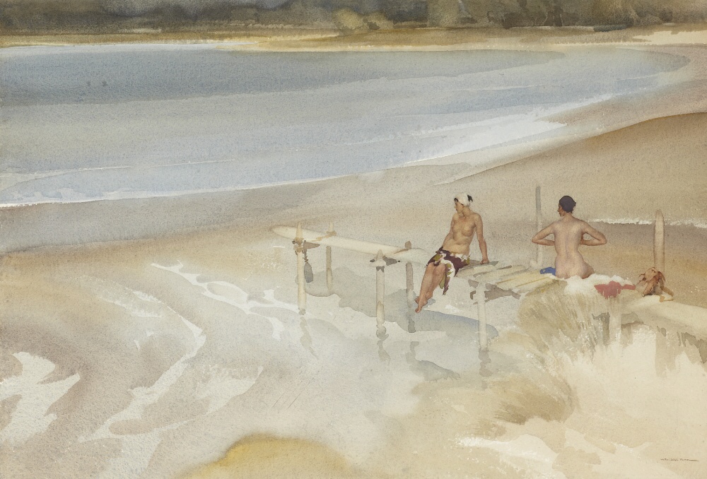 russell flint watercolour, two sisters and a jetty