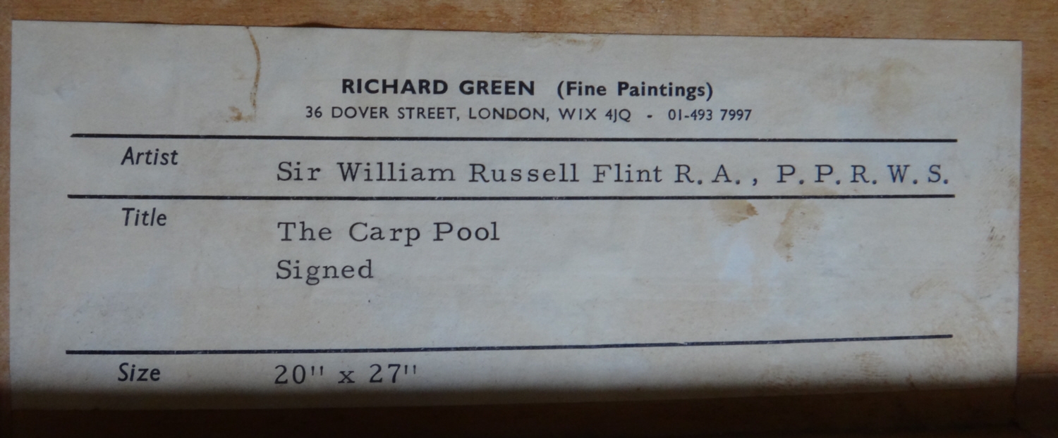 russell flint, original painting, carp pool, label