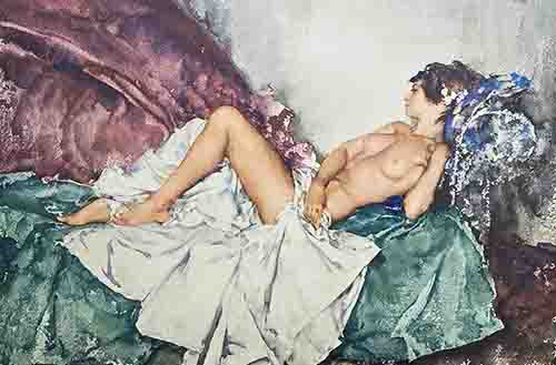 russell flint, reclining nude III, print russell flint, reclining nude III, print